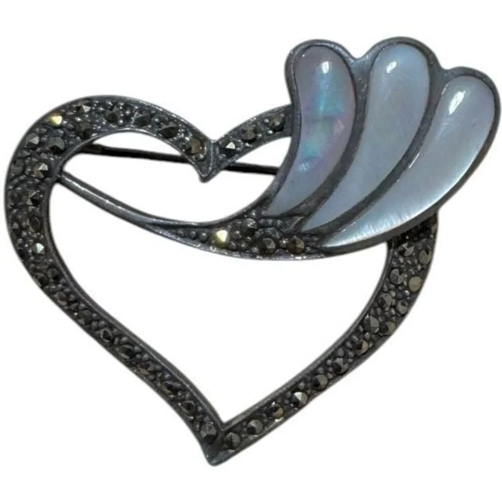 Vintage Heart Shaped Brooch Collection  Marcasite & Mother of Pearl Romantic Set